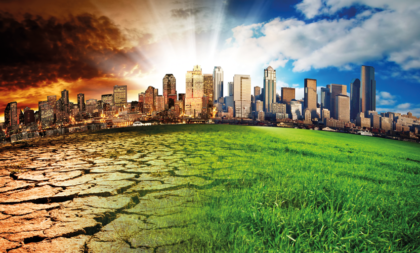 Illustration of climate change impacts and environmental action